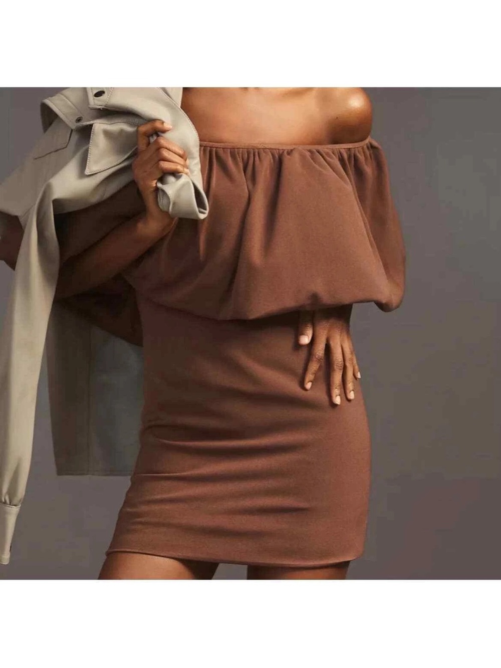 Anthropologie Nikita Mhaisalkar Off-The-Shoulder Bubble Brown Mini Dress Size M